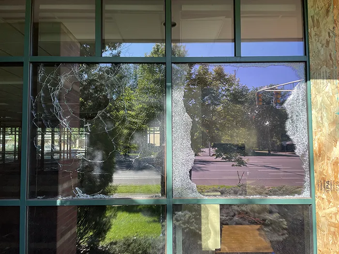 broken storefront glass repaired by Chateau - A Littleton Glass Company